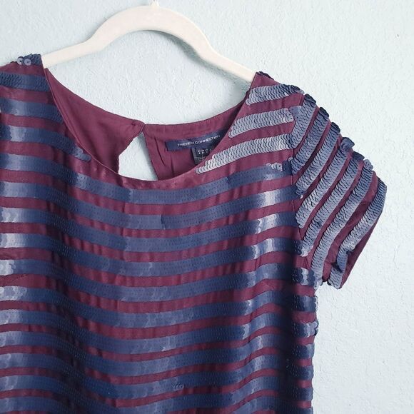 French Connection Burgundy and Navy Sequin Striped Dress - Picture 4 of 10